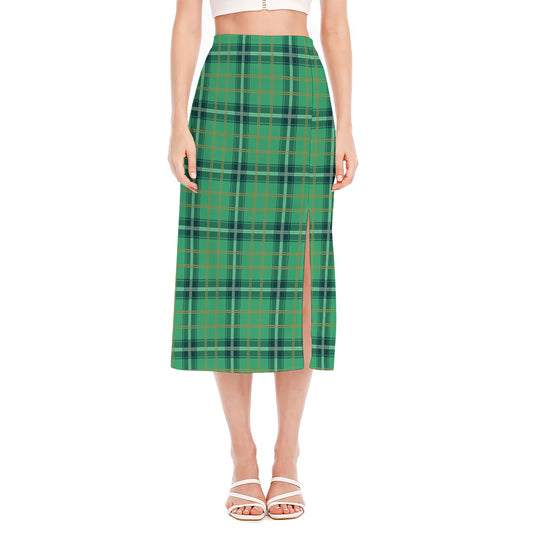 St. Patrick's Day Tartan Pattern Print Side Slit Midi Skirt