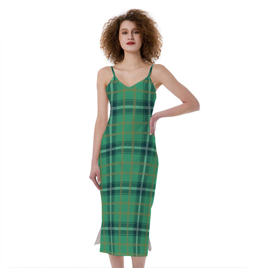 St. Patrick's Day Tartan Pattern Print Slim Fit Midi Cami Dress