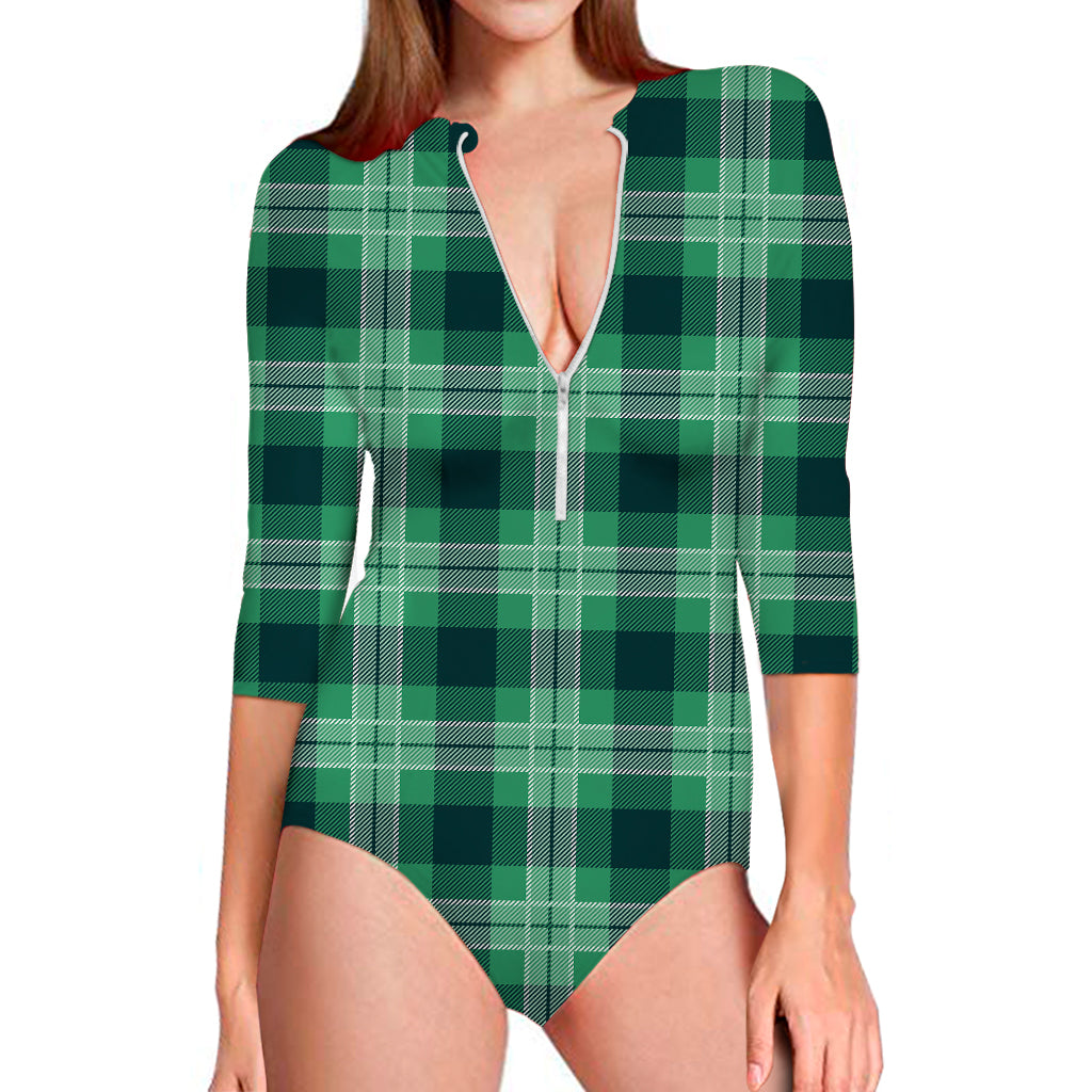 St. Patrick's Day Tartan Print Long Sleeve Swimsuit