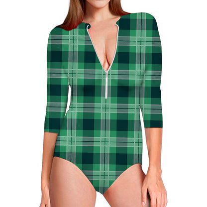 St. Patrick's Day Tartan Print Long Sleeve Swimsuit