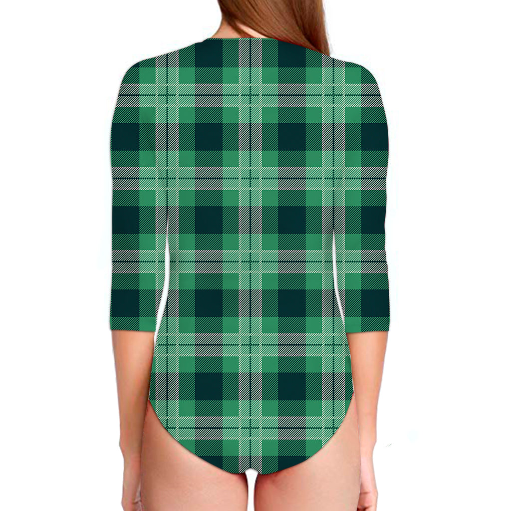St. Patrick's Day Tartan Print Long Sleeve Swimsuit