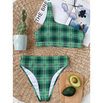 St. Patrick's Day Tartan Print One Shoulder Bikini Top