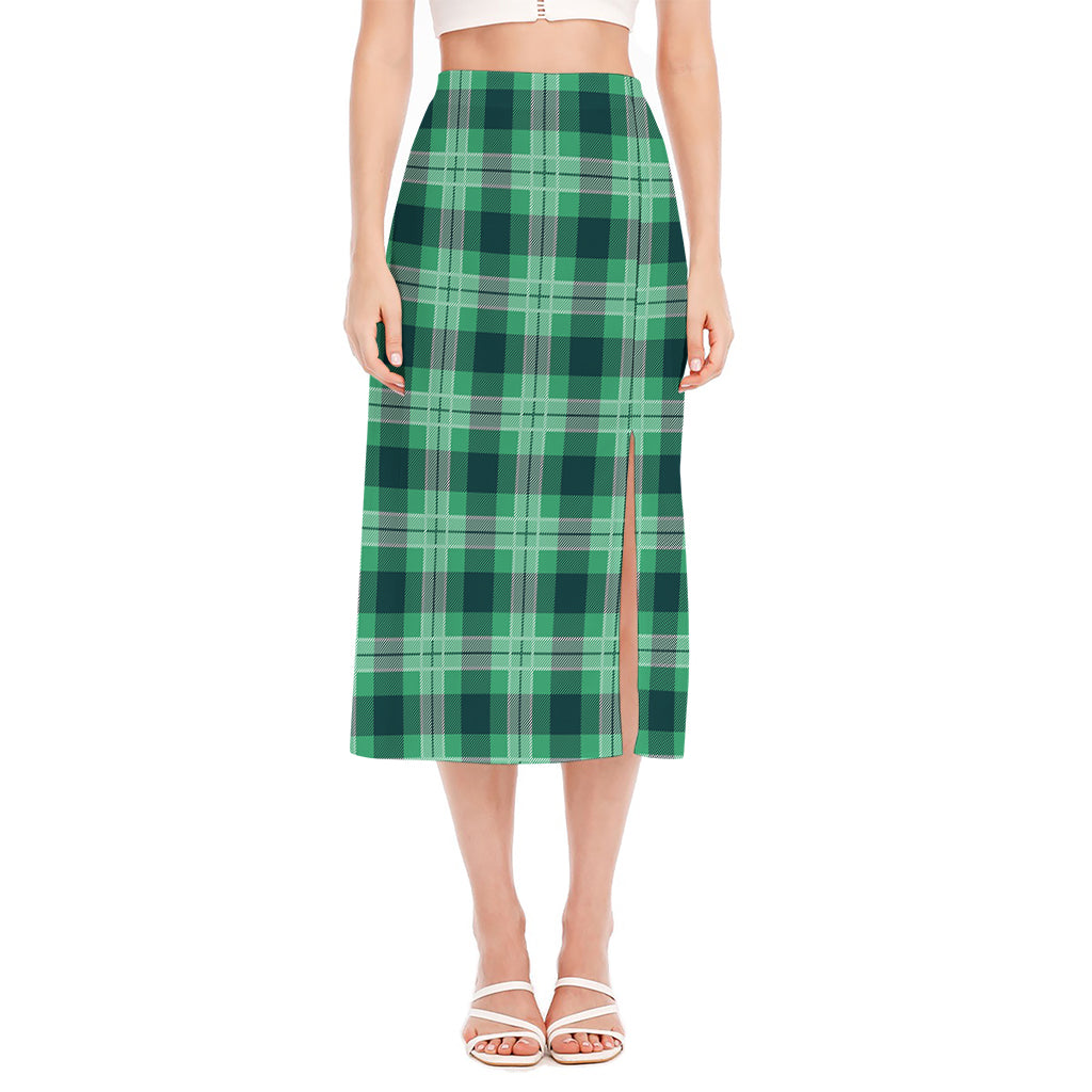 St. Patrick's Day Tartan Print Side Slit Midi Skirt