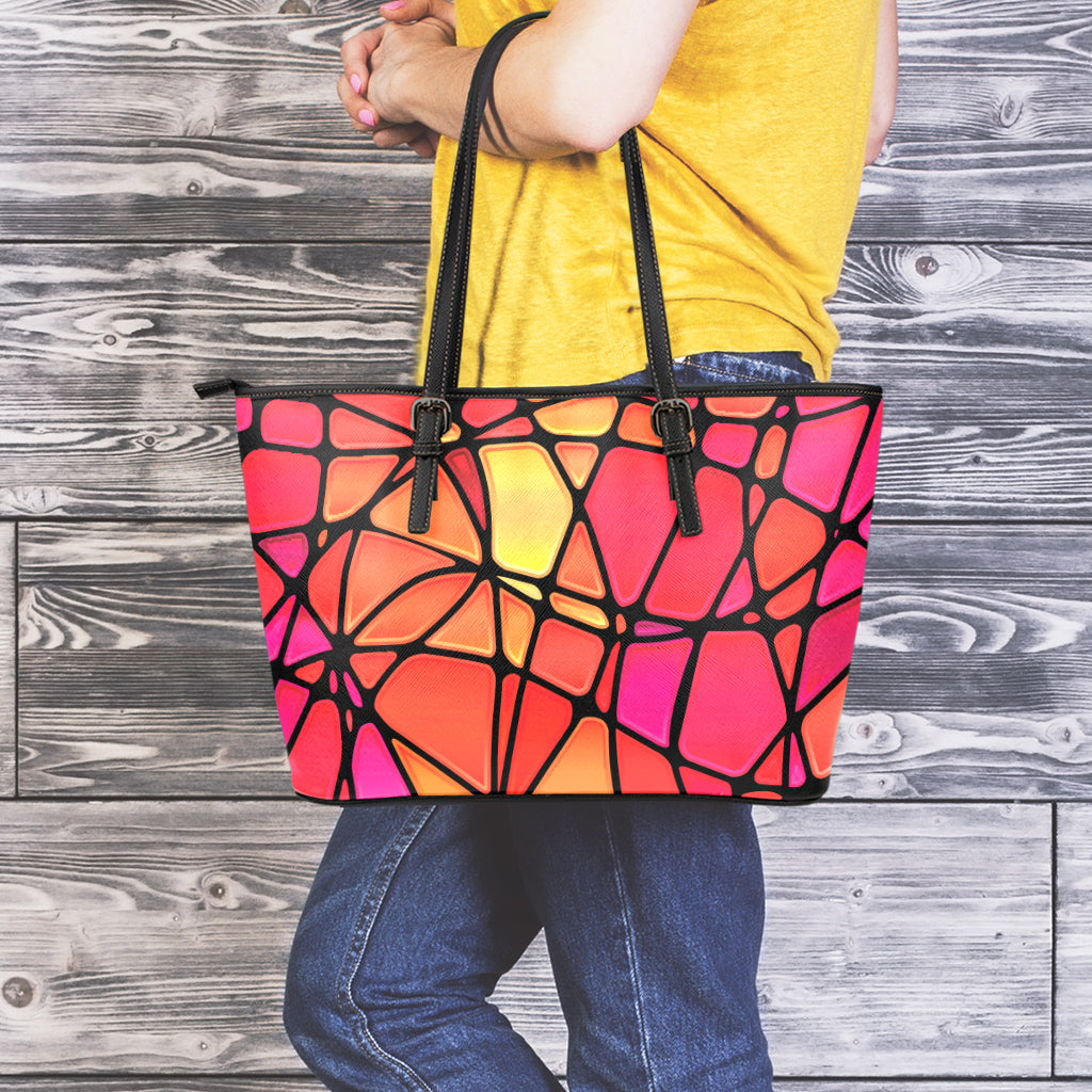 Stained Glass Mosaic Pattern Print Leather Tote Bag