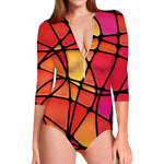 Stained Glass Mosaic Pattern Print Long Sleeve Swimsuit