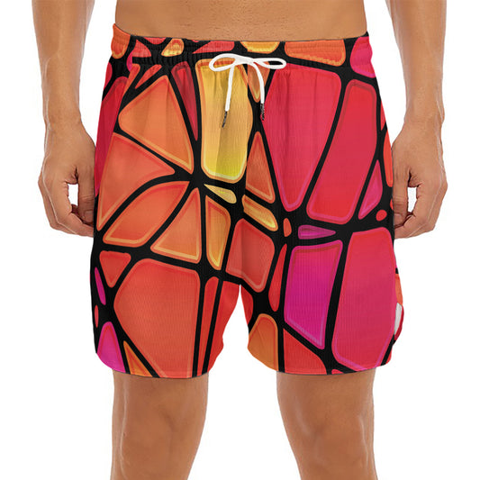 Stained Glass Mosaic Pattern Print Men's Split Running Shorts