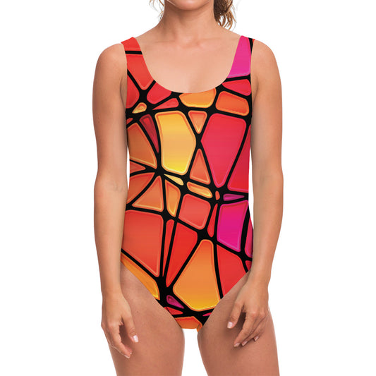 Stained Glass Mosaic Pattern Print One Piece Swimsuit