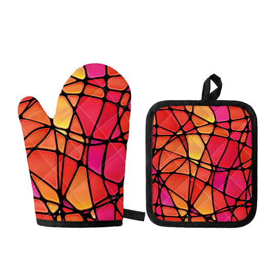 Stained Glass Mosaic Pattern Print Oven Mitt And Pot Holder Set