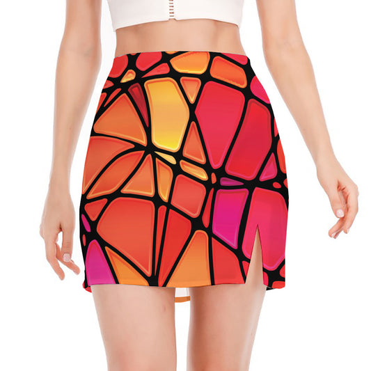 Stained Glass Mosaic Pattern Print Side Slit Mini Skirt