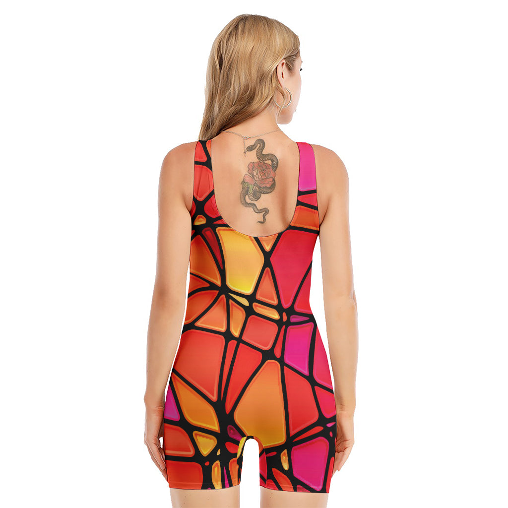 Stained Glass Mosaic Pattern Print Sleeveless One Piece Swimsuit