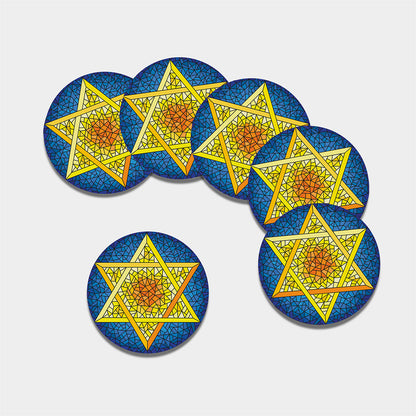 Stained Glass Star of David Print Leather Coaster Set