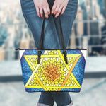 Stained Glass Star of David Print Leather Tote Bag