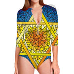 Stained Glass Star of David Print Long Sleeve Swimsuit