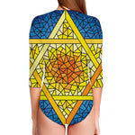 Stained Glass Star of David Print Long Sleeve Swimsuit