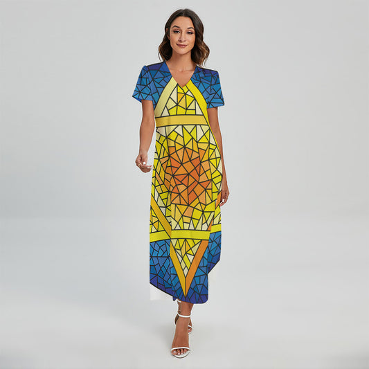 Stained Glass Star of David Print Short Sleeve Maxi Dress
