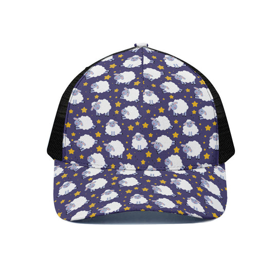 Star And Sheep Pattern Print Black Mesh Trucker Cap