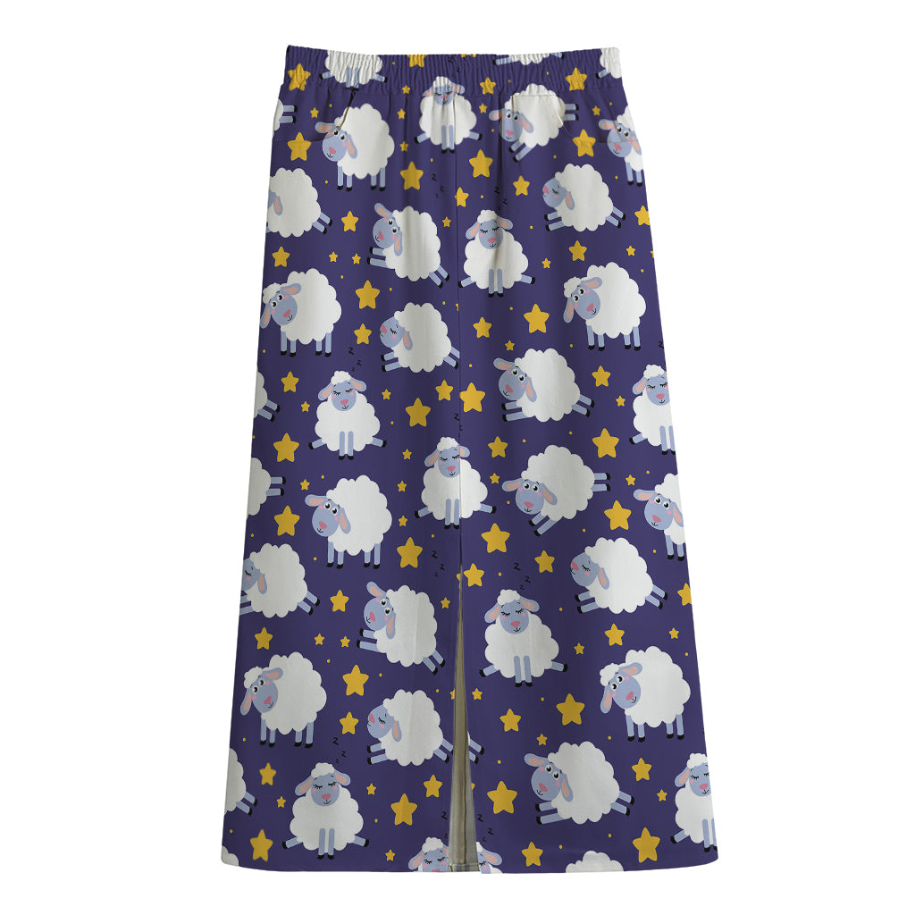 Star And Sheep Pattern Print Cotton Front Slit Maxi Skirt