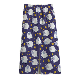 Star And Sheep Pattern Print Cotton Front Slit Maxi Skirt