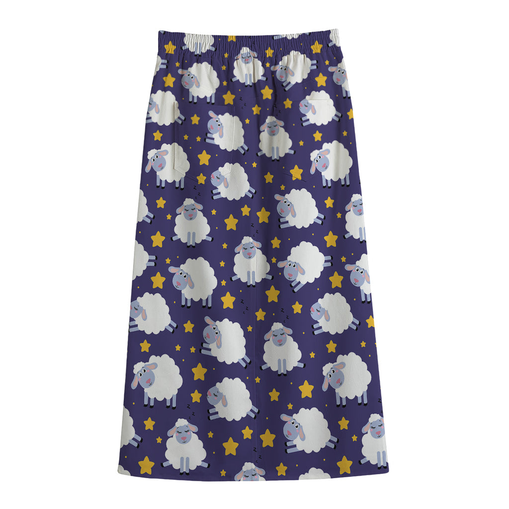 Star And Sheep Pattern Print Cotton Front Slit Maxi Skirt