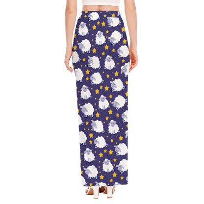 Star And Sheep Pattern Print High Slit Maxi Skirt