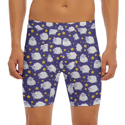 Star And Sheep Pattern Print Men's Long Boxer Briefs