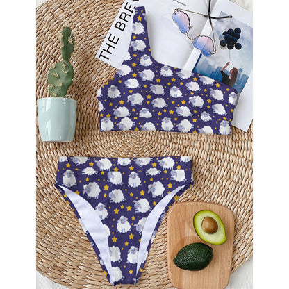 Star And Sheep Pattern Print One Shoulder Bikini Top