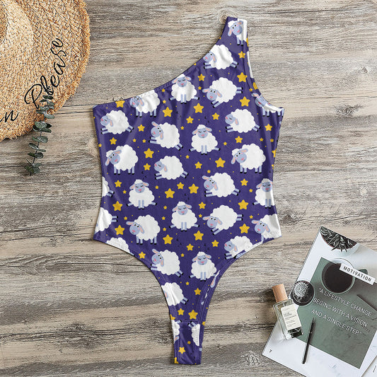 Star And Sheep Pattern Print One Shoulder Bodysuit