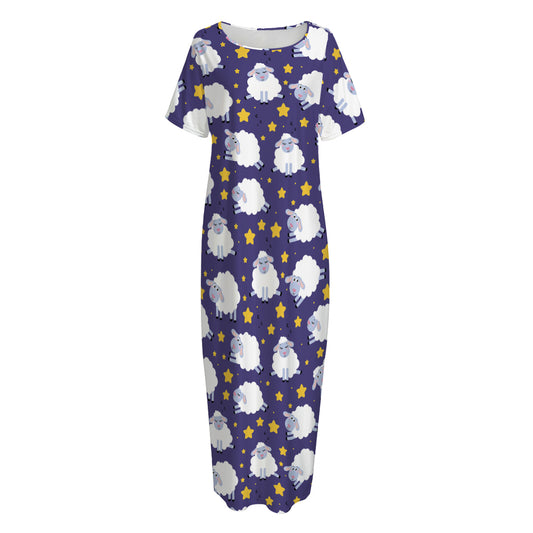 Star And Sheep Pattern Print Short Sleeve Long Nightdress