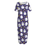 Star And Sheep Pattern Print Short Sleeve Long Nightdress