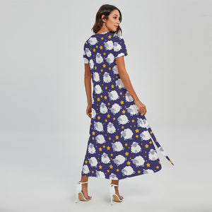 Star And Sheep Pattern Print Short Sleeve Maxi Dress