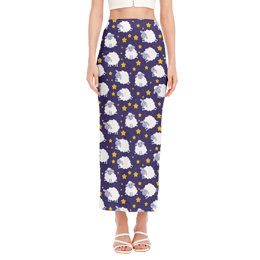 Star And Sheep Pattern Print Side Slit Maxi Skirt