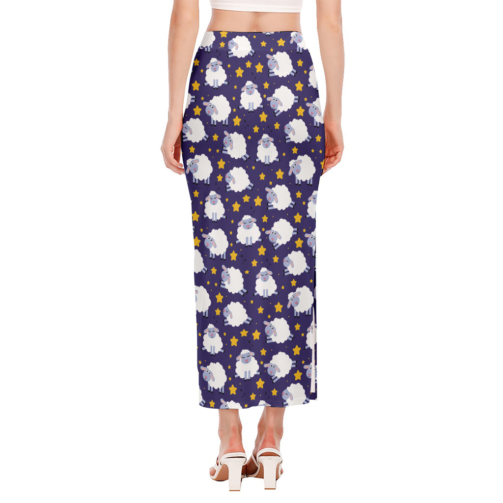 Star And Sheep Pattern Print Side Slit Maxi Skirt
