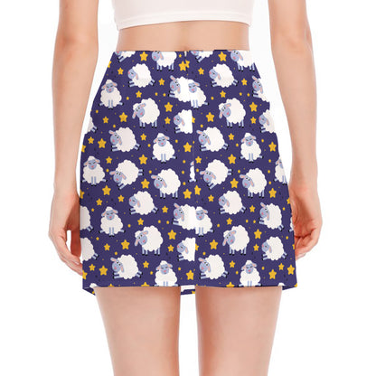 Star And Sheep Pattern Print Side Slit Mini Skirt