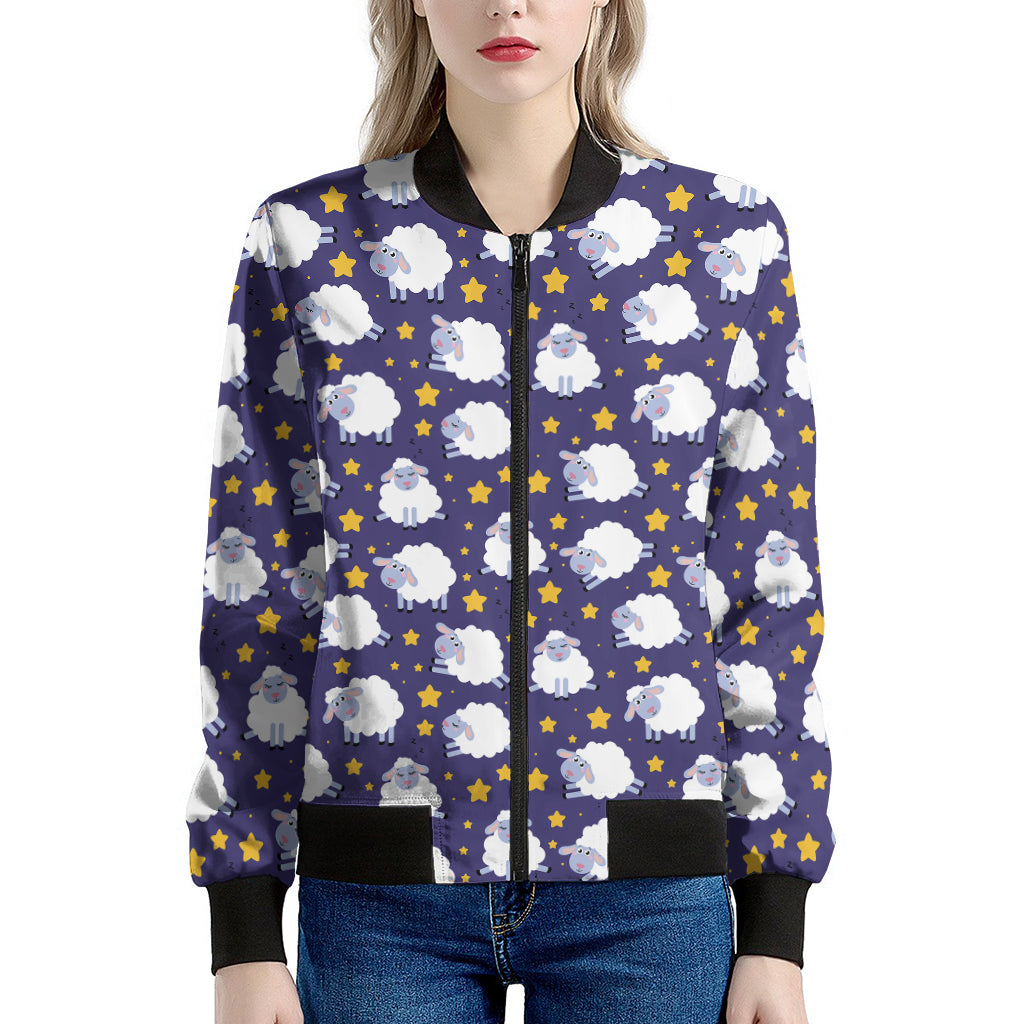 Star And Sheep Pattern Print Women's Bomber Jacket