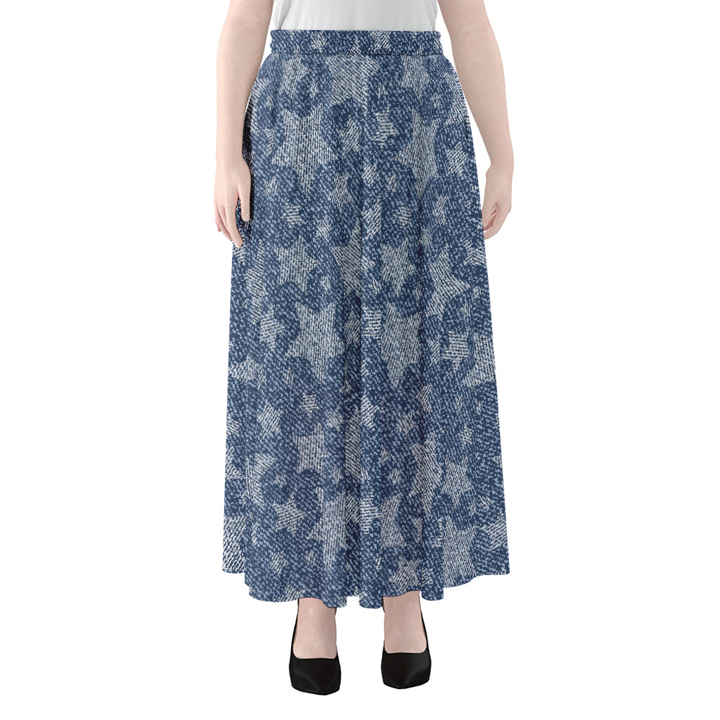 Star Denim Jeans Pattern Print Chiffon Maxi Skirt