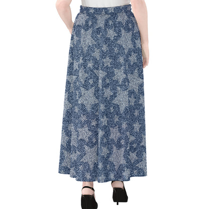 Star Denim Jeans Pattern Print Chiffon Maxi Skirt