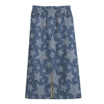 Star Denim Jeans Pattern Print Cotton Front Slit Maxi Skirt
