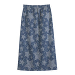 Star Denim Jeans Pattern Print Cotton Front Slit Maxi Skirt