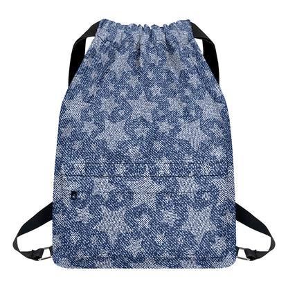 Star Denim Jeans Pattern Print Drawstring Backpack