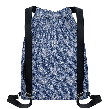 Star Denim Jeans Pattern Print Drawstring Backpack