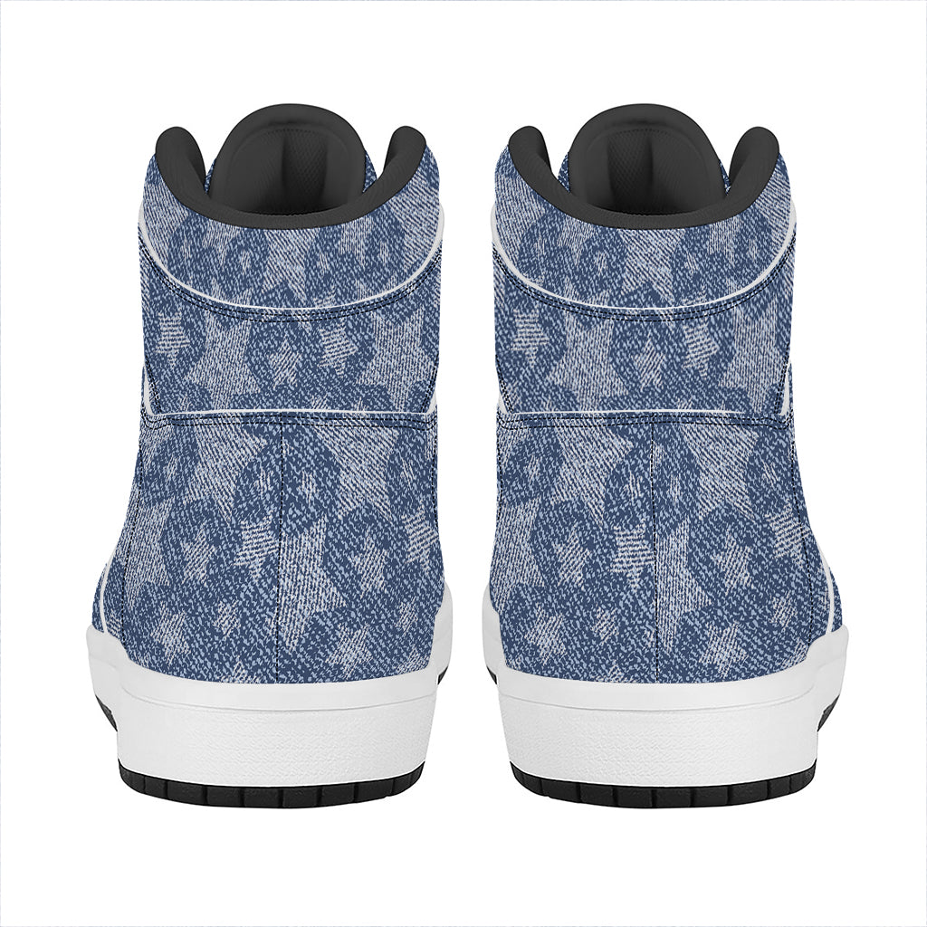 Star Denim Jeans Pattern Print High Top Leather Sneakers