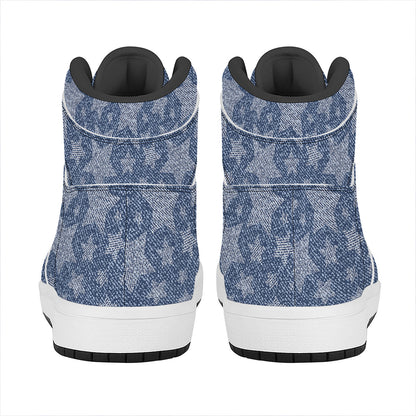 Star Denim Jeans Pattern Print High Top Leather Sneakers