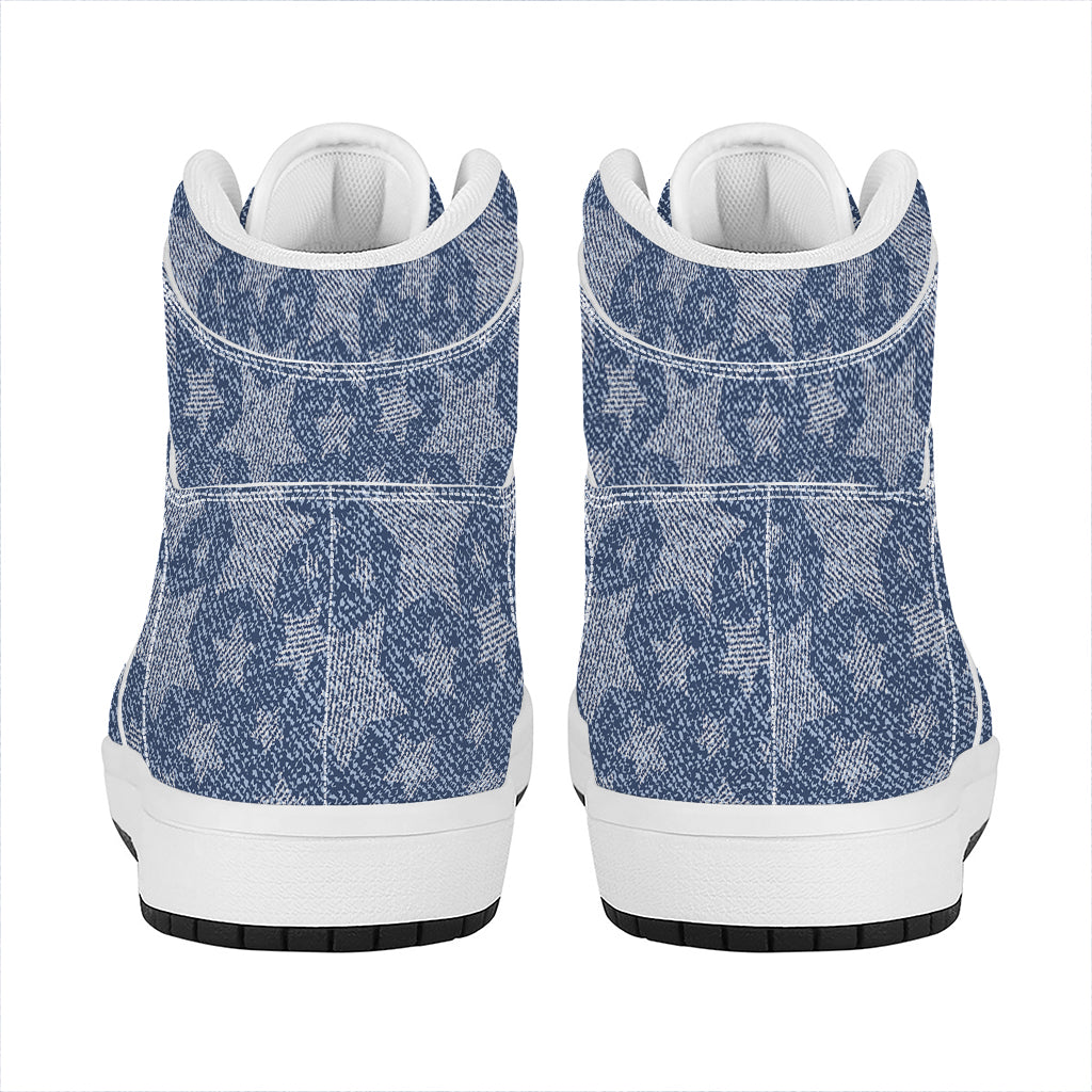 Star Denim Jeans Pattern Print High Top Leather Sneakers