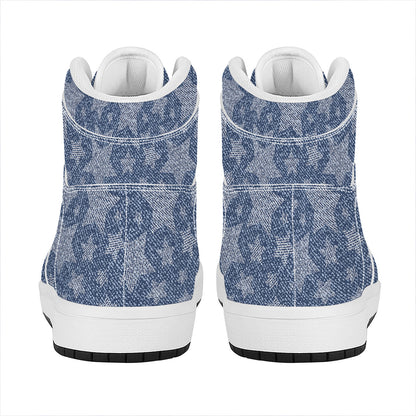 Star Denim Jeans Pattern Print High Top Leather Sneakers