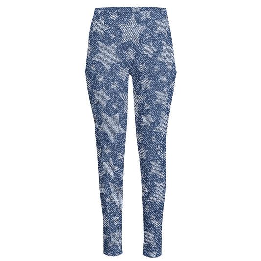 Star Denim Jeans Pattern Print High-Waisted Pocket Leggings