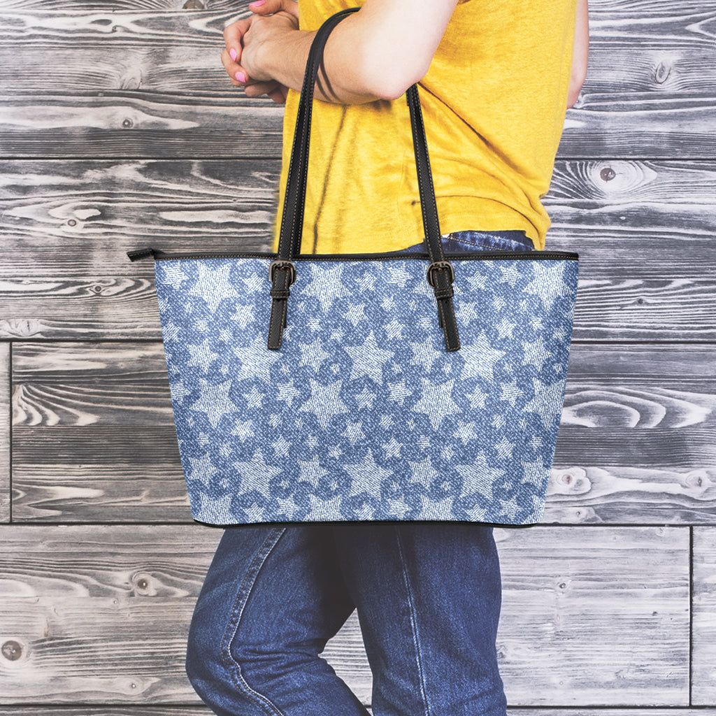 Star Denim Jeans Pattern Print Leather Tote Bag
