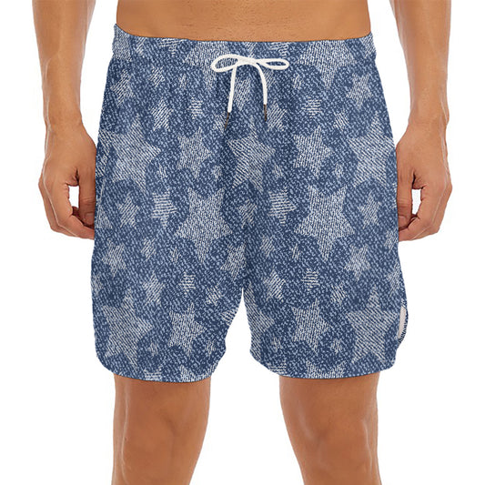 Star Denim Jeans Pattern Print Men's Split Running Shorts