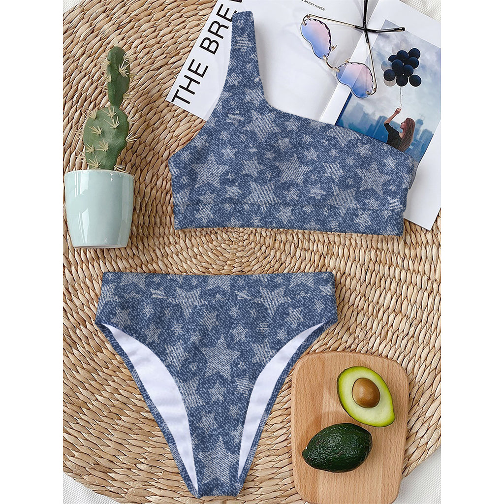 Star Denim Jeans Pattern Print One Shoulder Bikini Top