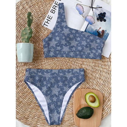 Star Denim Jeans Pattern Print One Shoulder Bikini Top