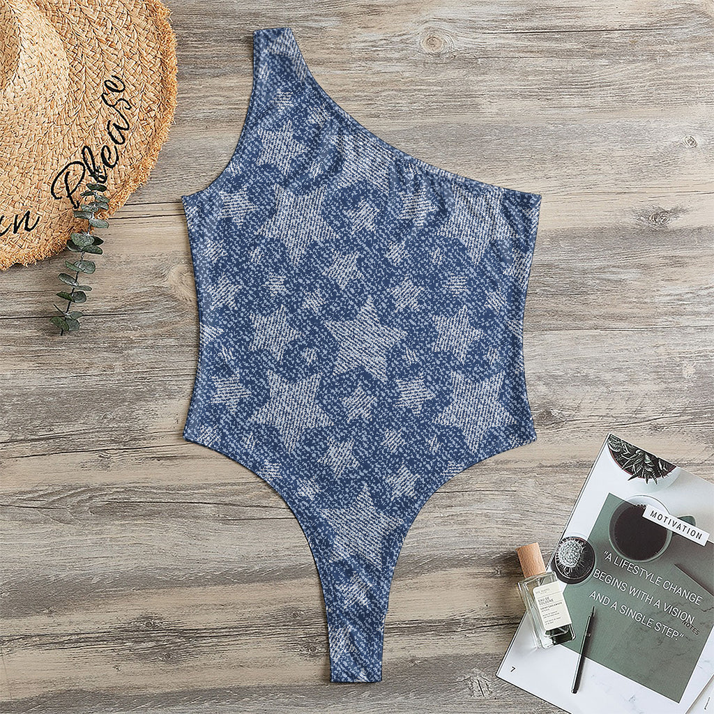 Star Denim Jeans Pattern Print One Shoulder Bodysuit